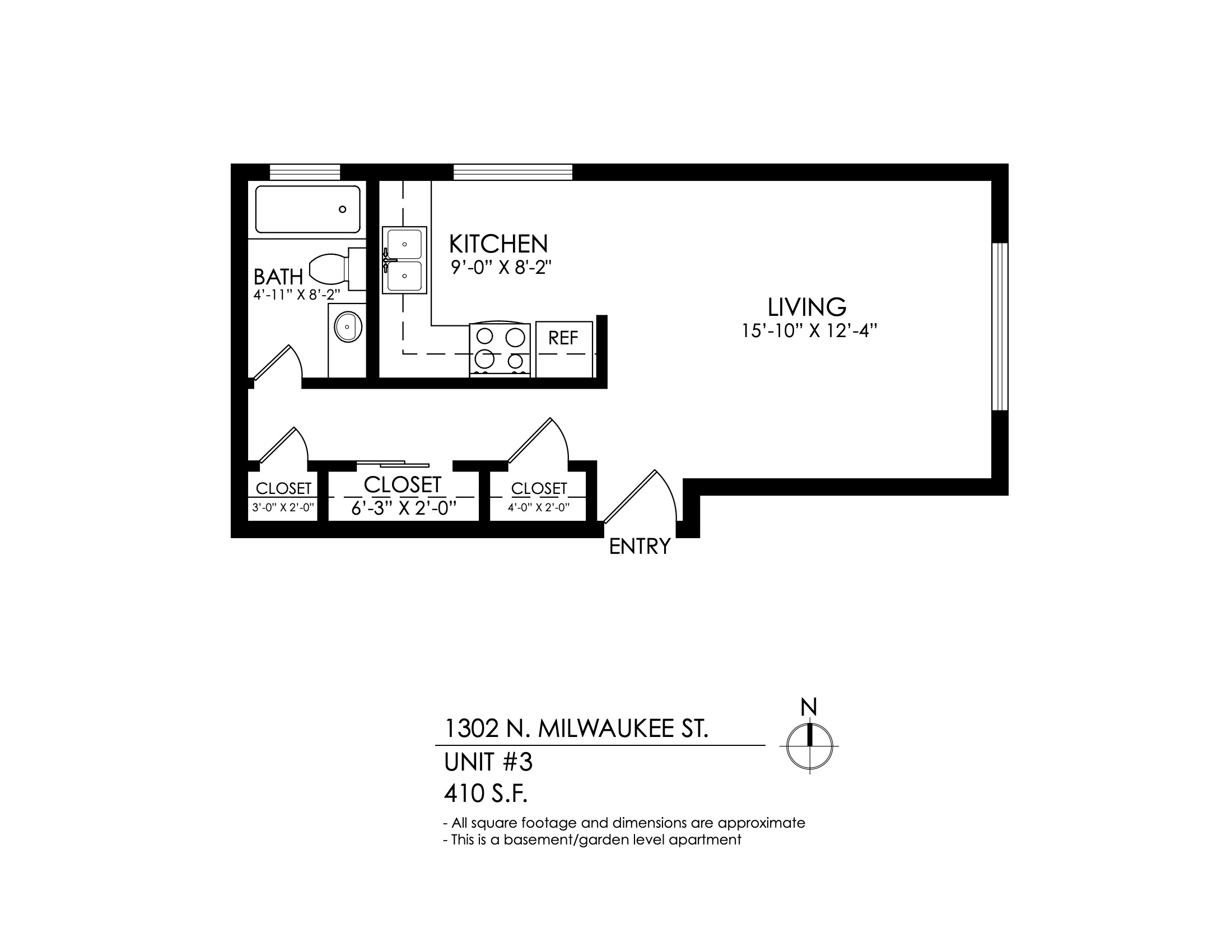 Floor plan for studio, 1 bath, 400 sqft